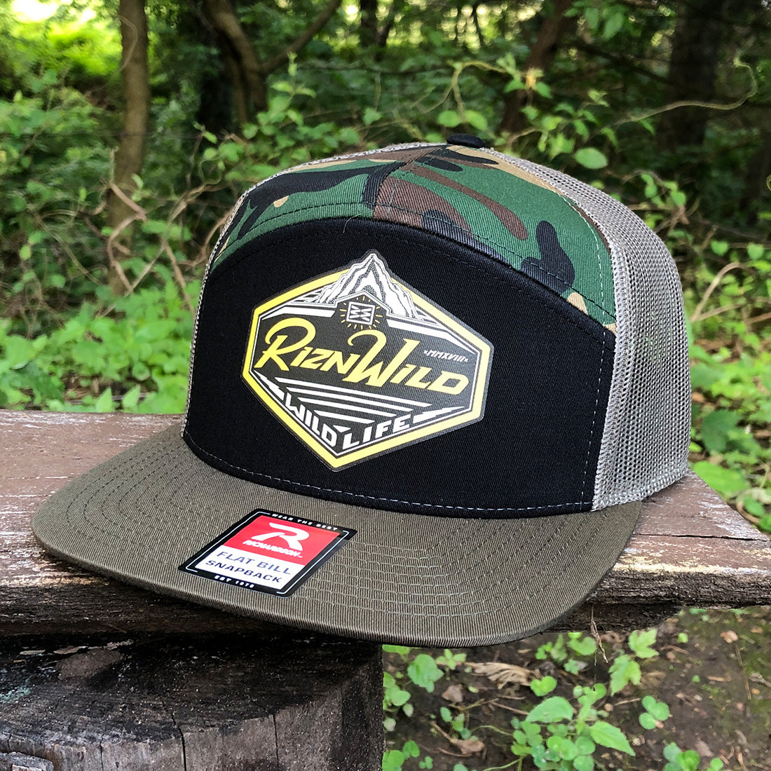 Good Times Flat Bill Trucker Hat in Black/Camo/Loden