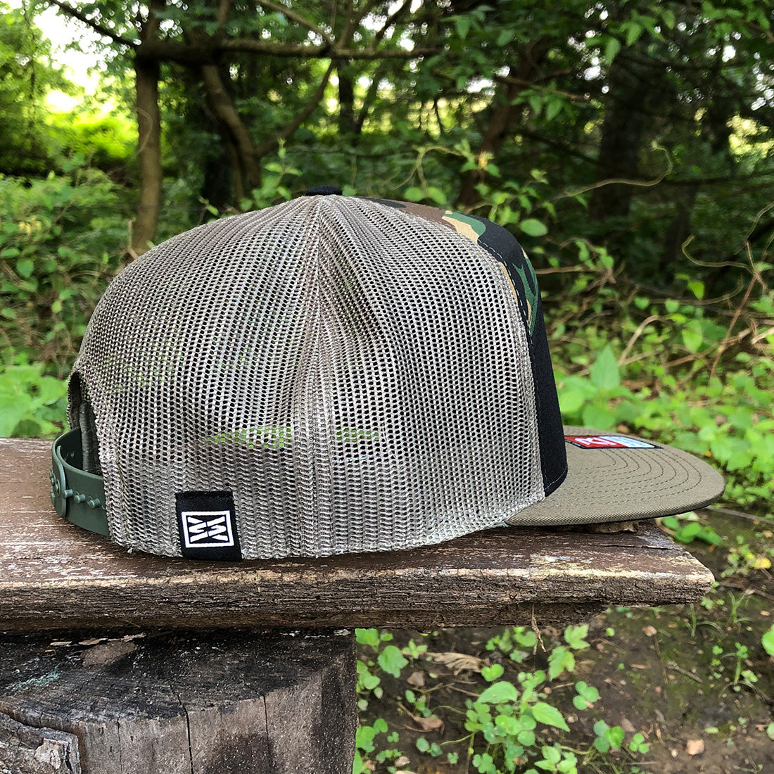 Good Times Flat Bill Trucker Hat in Black/Camo/Loden