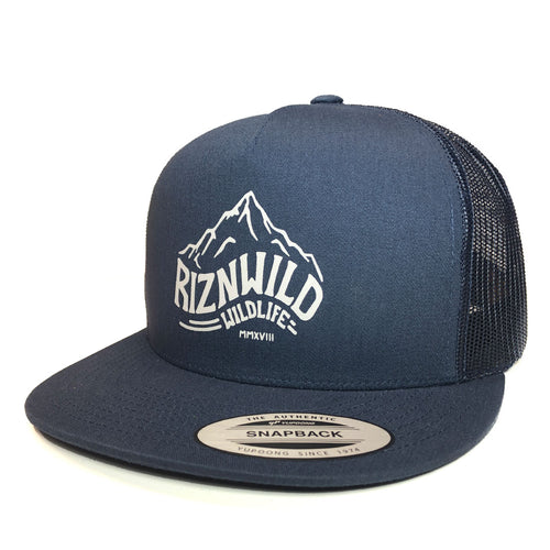 Mountain range RIZNWILD navy trucker hat with adjustable strap on back.