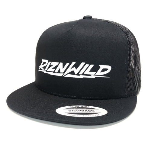 Black flat bill RIZNWILD trucker hat. Clean, classy, classic looking. 