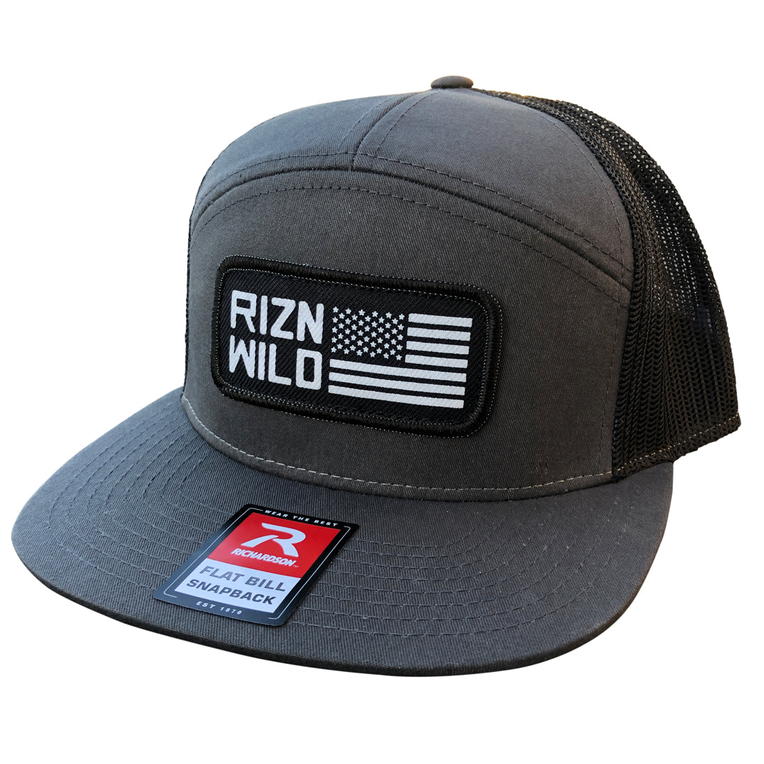 LIBERTY FLAT BILL TRUCKER HAT IN CHARCOAL/BLACK