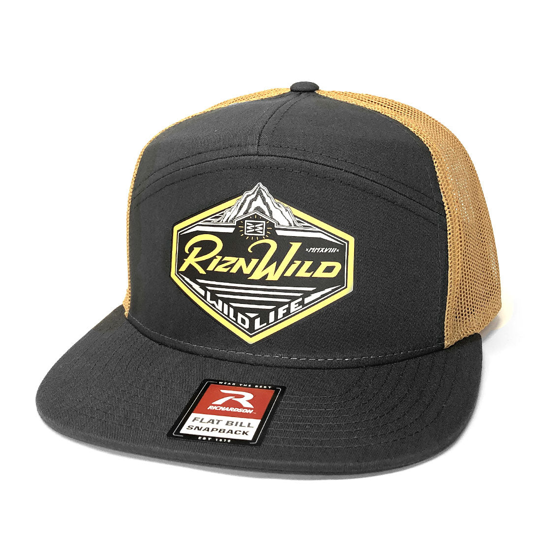 riznwild gold and charcoal mountain trucker hat