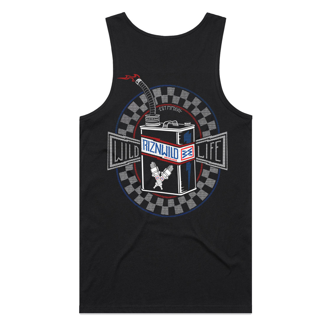 RIZNWILD men's black tank vintage gas can red, white and blue