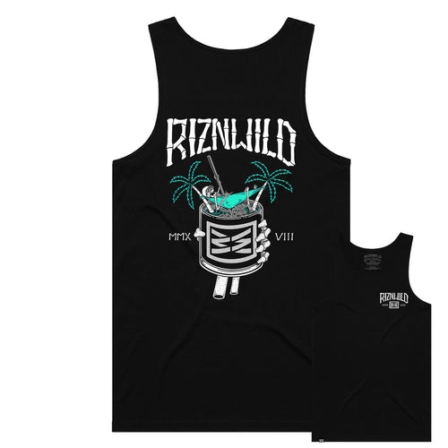 Get ready to party with our ON THE ROCKS tank! This cool black tank features a unique RIZNWILD tiki skeleton graphic, Cheers to looking stylish and having a good time!&nbsp;