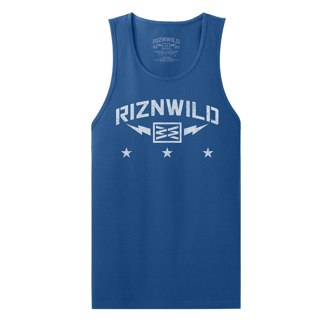 men’s royal blue tank, RIZNWILD summer tank, lightning bolt tank top, men’s sleeveless shirt, patriotic tank for men, graphic workout tank, casual men’s tank top, USA summer shirt