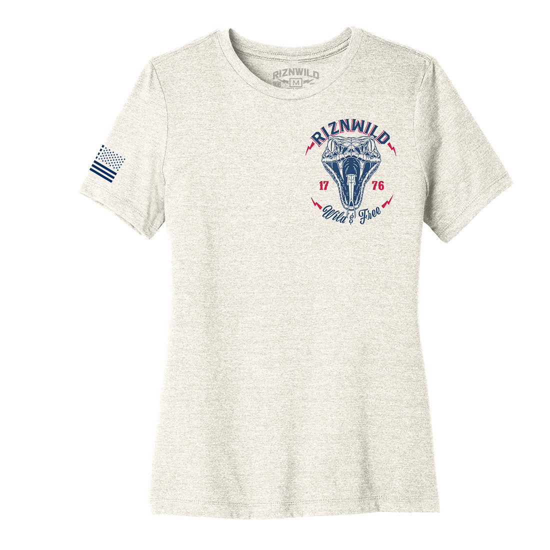 women’s patriotic t-shirt, RIZNWILD graphic tee, heather natural tee, snake design shirt, USA 1776 shirt, American flag sleeve tee, freedom lifestyle shirt, vintage summer tee, red white and blue shirt, country girl graphic tee