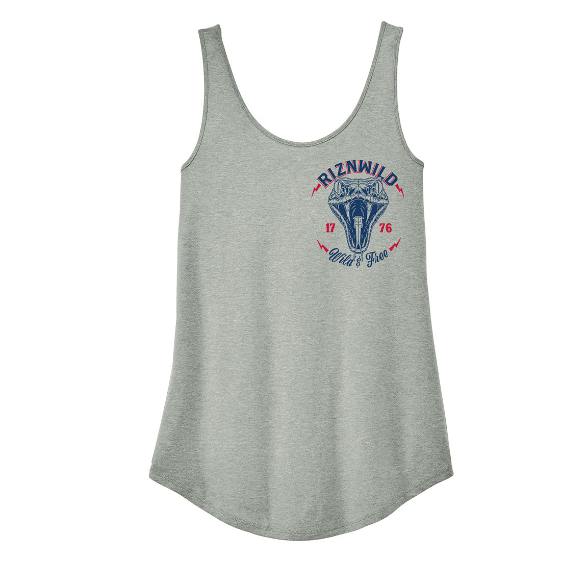 women’s patriotic tank top, snake graphic tank, RIZNWILD USA tank, 1776 women’s shirt, heather grey racerback, relaxed fit tank top, festival tank, edgy summer top, American rattlesnake tank, wild & free tank top