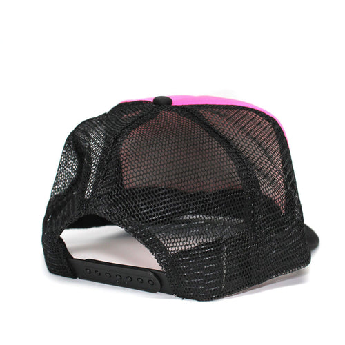 Back of RIZNWILD hot pink and black foam snap trucker hat 