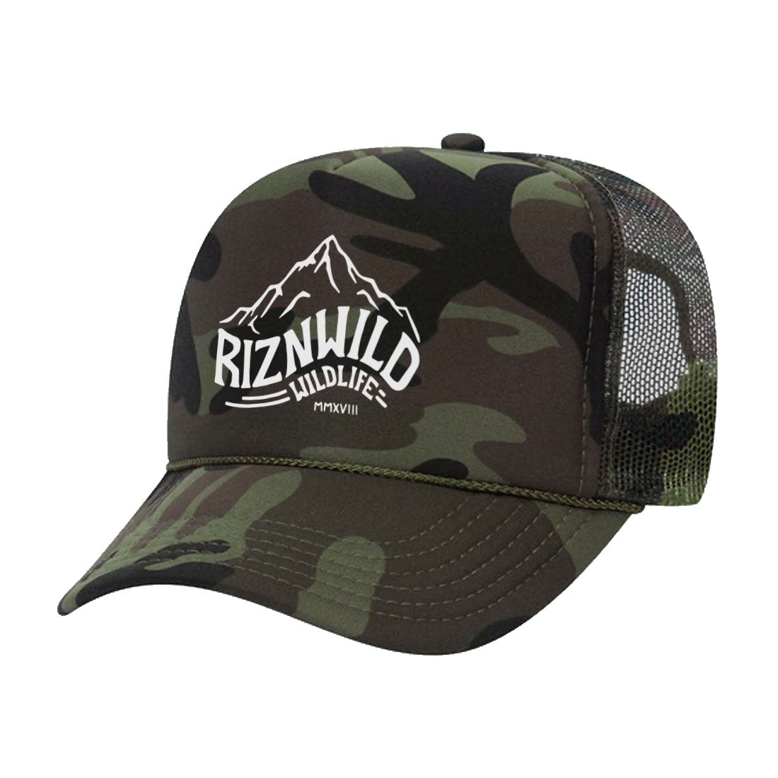 Green camo curved bill trucker hat, mesh back wilderness mountain design.