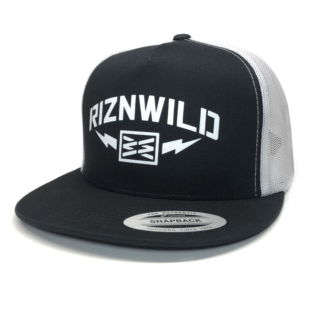 Storm men's flat bill black/white hat with big white RIZNWILD logo on the front.