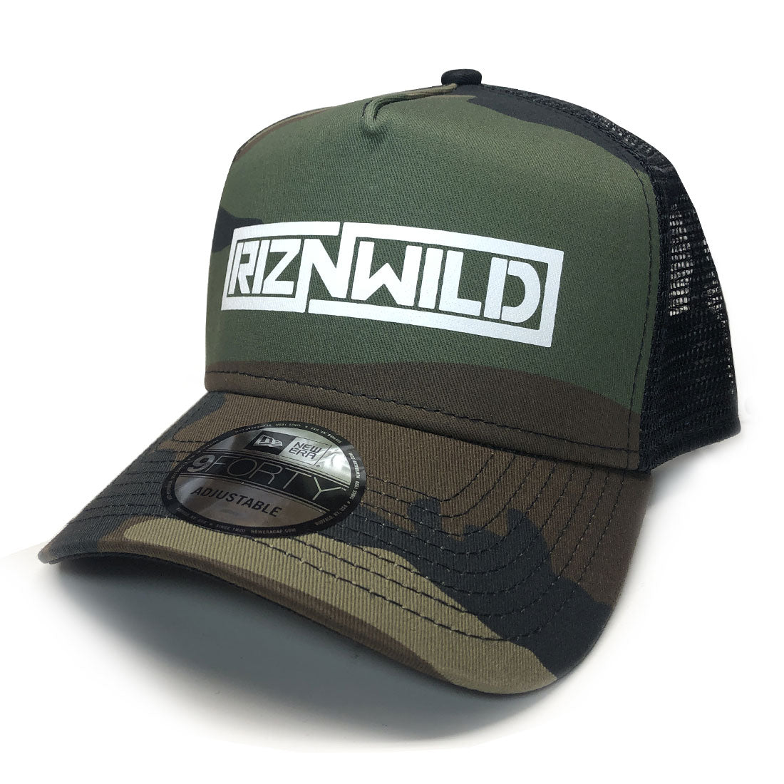 RIZNWILD New Era curved bill camo trucker hat.