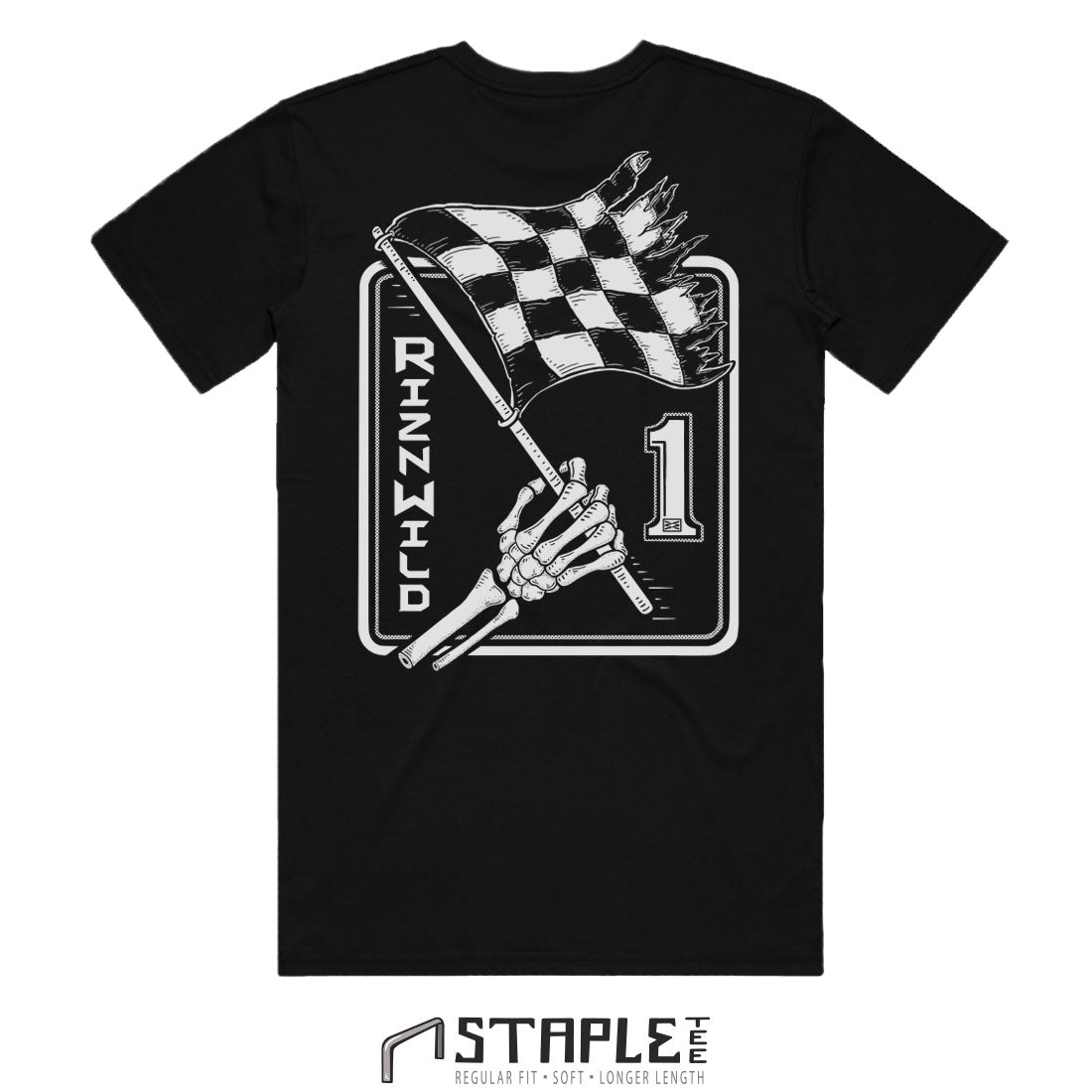 Back view of RIZNWILD death race men's tee design holding the checkered flag 