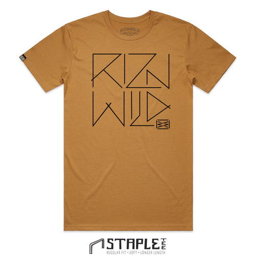 RIZNWILD stringy font printed across the front of this camel color tee