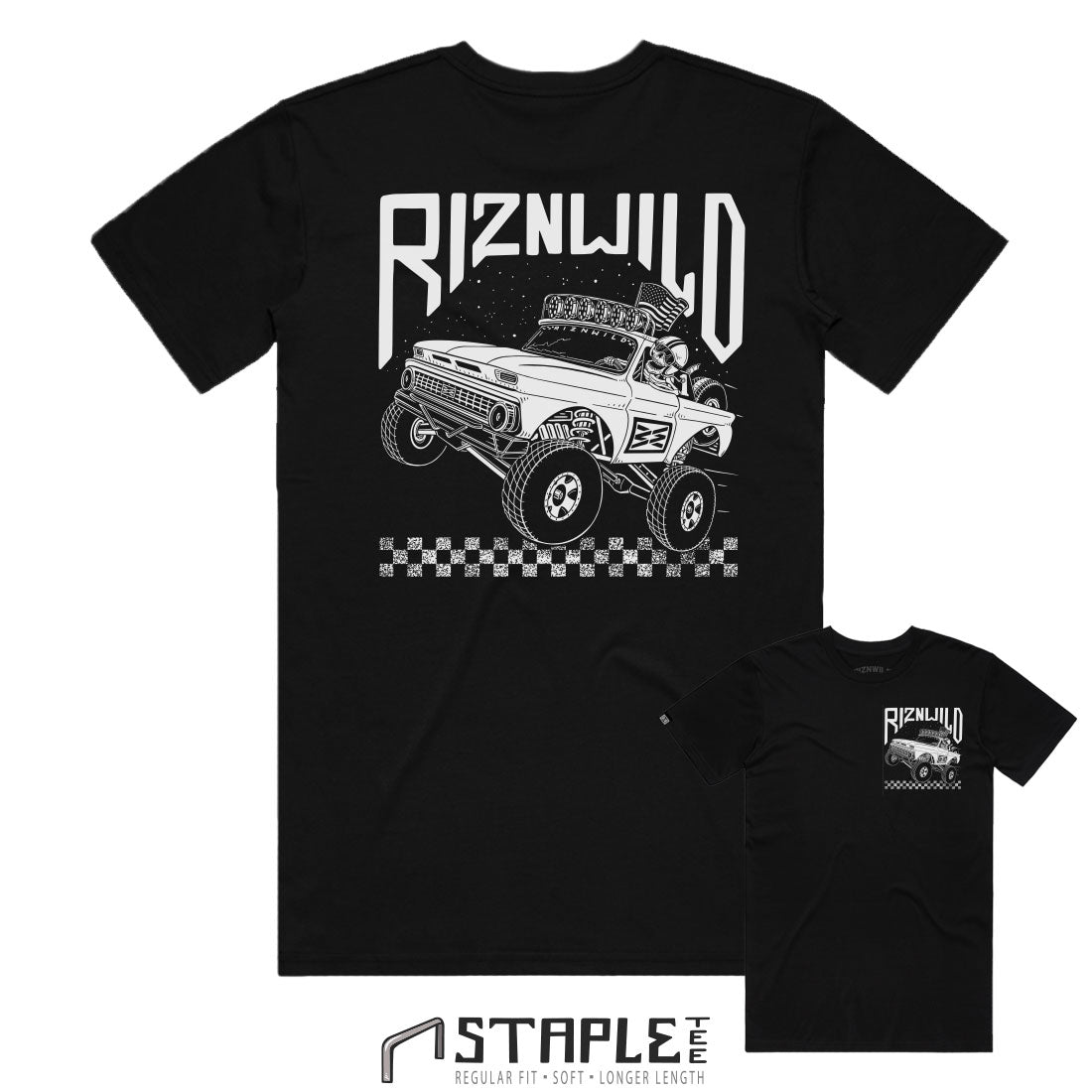 RIZNWILD off road trophy truck logo printed on a black mens soft tee