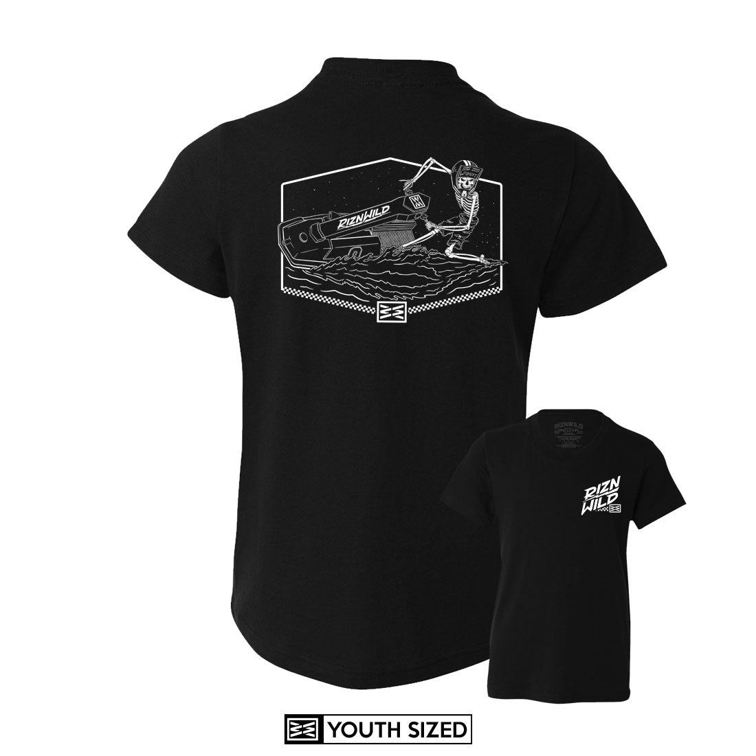 RIZNWILD skeleton shredding on a stand up jet ski youth t-shirt design